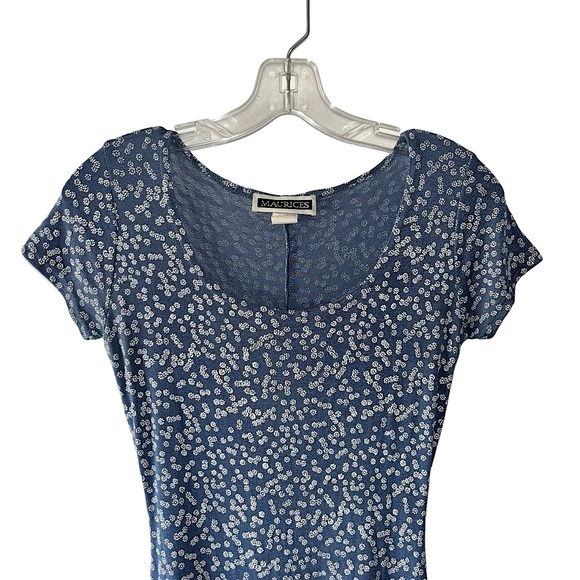 Vintage 90s Light Blue and White Floral Cottagecore Spring Maxi Stretch Dress - Picture 3 of 6